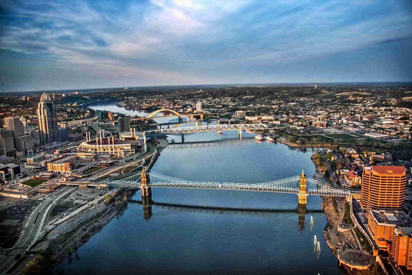 Aerial view of the Ohio River showing downtown Cincinnati, Northern Kentucky, and multiple bridges connecting the region near Anderson Township.